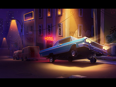 Urban night artua car city game art illustration light lowrider night stance urban vehicle wheels