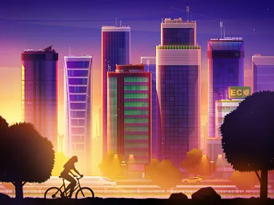 Modern city artua building car city cycle illustration light skyscraper sun sunset train urban