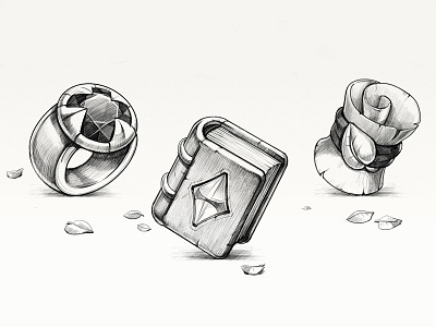 In game artwork sketches 3 match artua book game design icon illustration in game ring scroll sketch symbol