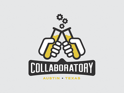 Collaboratory austin beaker branding bubbles cheers fist bump gears hand hands lab logo texas