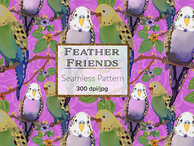 Feather Friends birds budgie illustration seamless pattern