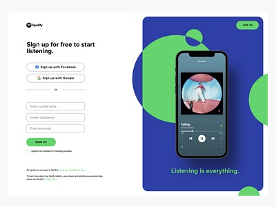 Sign up page — Spotify redesign app branding design landing page registration sign up spotify ui uichallenge