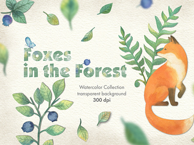 Foxes in the Forest artwork clipart illustration watercolor