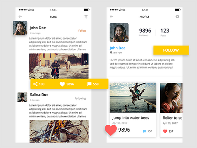 Social Blog and Profile App Concept app blog flat ios modern profile ui ux yellow