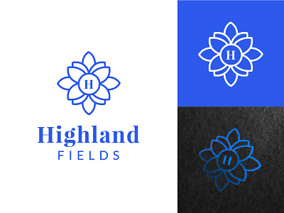 Highland Fields Logo blue brand flower h home logo luxury logo