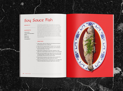 Soy Sauce Fish Recipe asian book chinese cookbook editorial fish food indesign layout marble mockup recipe restaurant spread