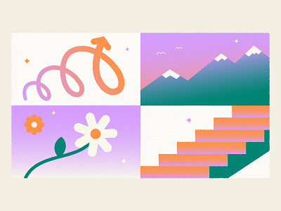 New Year's Resolutions achieve adobe illustrator bloom climb cycle flower goals grow growth illustration mountain neon new pastel resolutions spiral stairs texture vector years