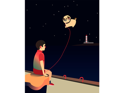 Night walk baloon boy illustration night pug sea vector