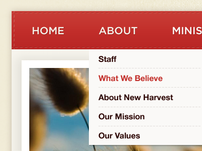 New Harvest Dropdown church dashed dropdown menu navigation red shadow stitch texture
