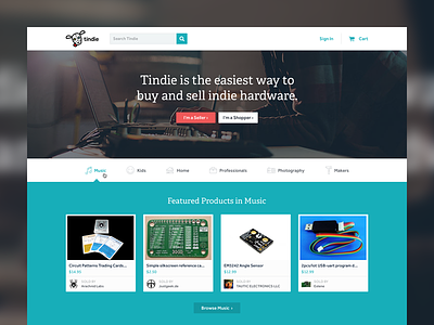 Tindie Home app banner button ecommerce electronics icons input nav redesign search store tindie