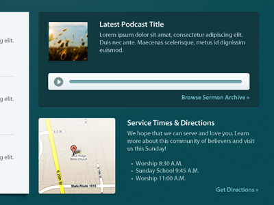 More Church Site Homepage Elements blue church green inset map podcast shadow