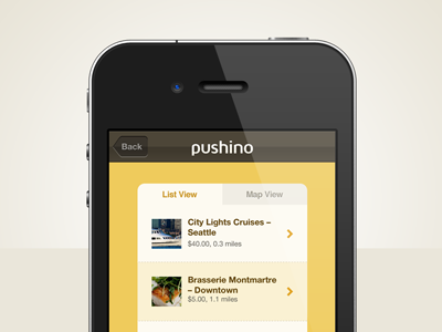 Pushino Deals app arrow button deals iphone list map screen tab yellow
