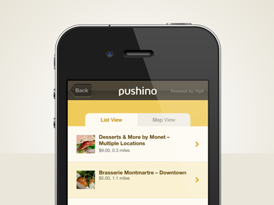 Pushino Wide Deals app arrow button deals iphone list map screen tab yellow
