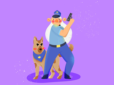 Policewoman with a loyal friend 2d branding character art character design clothe design commercial dog german shepherd gun illustration loyal officer police policewoman policewomen puppy purple shepherd shot uniform