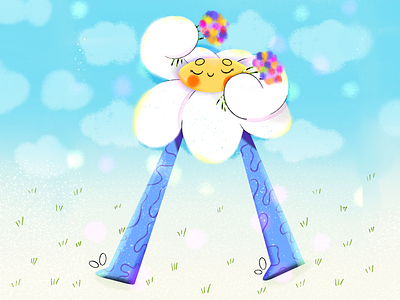 Happy chamomile 2d art blue book illustration chamomile character art character design children book children illustration clouds commercial design drawing flower flower art grass illustration illustrator ipad pro valley