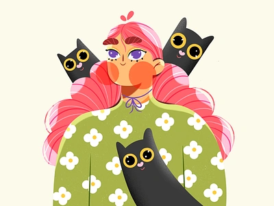 Cats ,cats, cats 🐈‍⬛ 2d adobe animal cartoon cat character character design colourful commercial design flowers graphic design hair illustration kitty pet pink portrait procreate woman