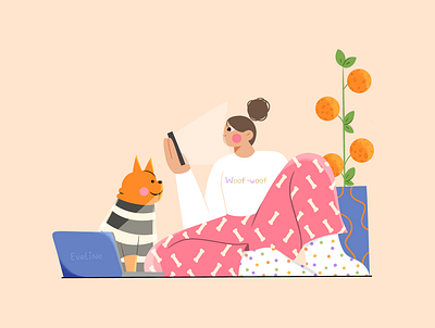 Working from home with little prisoner 2d best friend cartoon character design cute design dog flat freelance girl graphic design hand drawn home illustration lettering pet procreate pyjama vector work