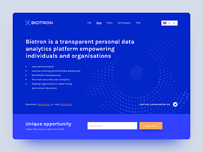 B I O T R O N - Landing Page blue crypto header ico input landing page security simple token ui ux whitepaper