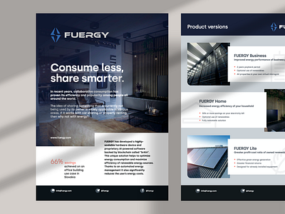 FUERGY - A4 Flyer a4 flyer battery blue dark blue editorial design energy flyer green energy home indesign layout living coral print product solar panel typography