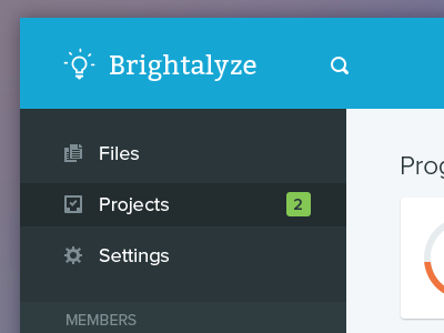Brightalyze web app clean files flat design graph icons members progress projects settings ui ux