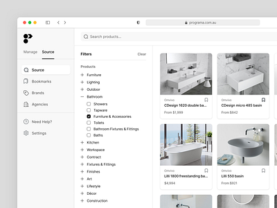 Source - Find Products agency architecture bookmark brands filter interior design management monochromatic products search ui ux web app