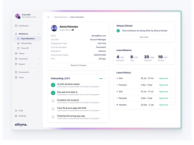 Athyna Platform - Member View b2c climate dashboard design agengy hiring leave member profile recruitment remote saas startup talent ui ux ux design web app