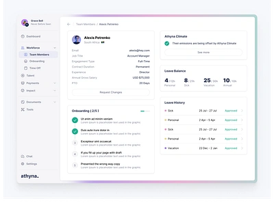 Athyna Platform - Member View b2c climate dashboard design agengy hiring leave member profile recruitment remote saas startup talent ui ux ux design web app