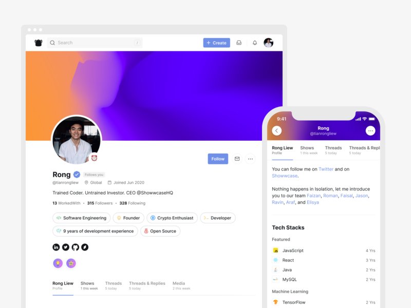 Showwcase – Developer Profile clean code community connect design agency developer ios mobile design profile shows tech threads ui design ux design web app