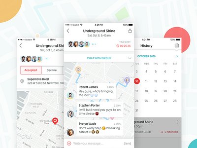 Event App calendar chat clean events location map messenger minimal pin place ui ux