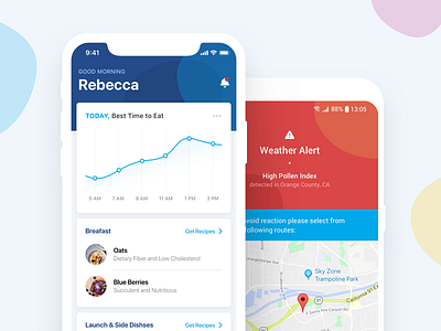 Personalised Health App alert android dashboard food graph ios iphone x map meal ui ux weather