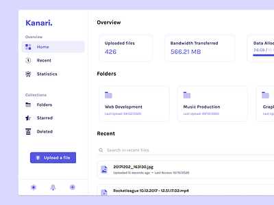 Frontend for Cloud Storages app cloud dashboard file manager gallery minimalistic multimedia purple simplistic storage ui white white space