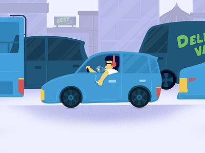 On the Way to Office 2d car character design flat illustration music office phones procreate road smoking traffic travel ui ux