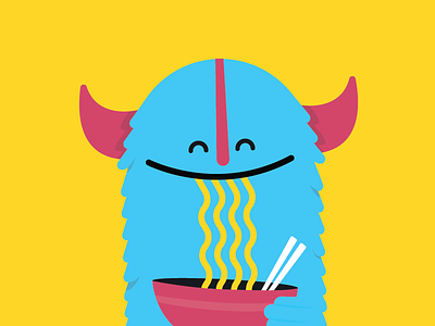 <Insert 'Nom nom' Sound /> blue chinese eats flat illustration mascot monster noodles pasta significa yellow