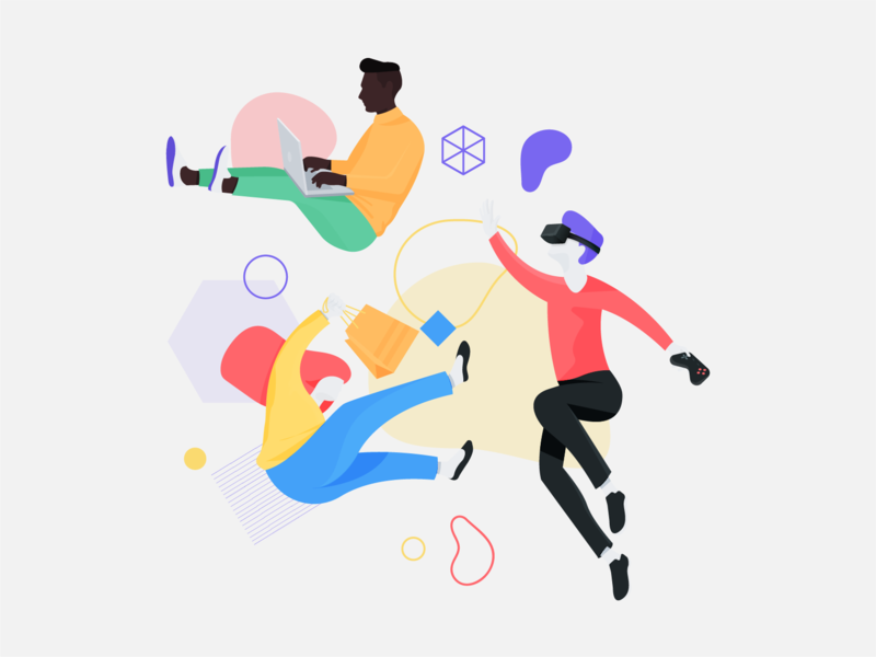 Floating colors float illustration laptop people tech technology vr