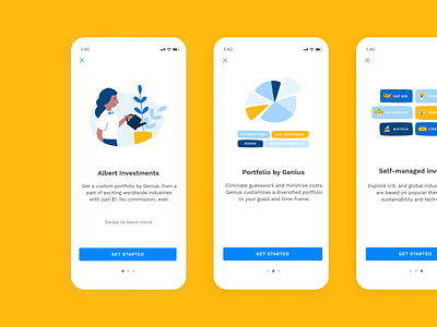 Albert Investments albert app blue clean finance fintech genius illustration investing investments mobile personal finance pie chart plants porfolio resources sign up simple ui ux