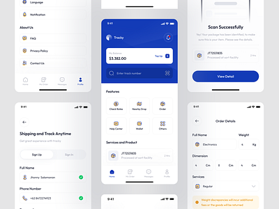 Tracky - Shipping Mobile App UI Kits android app branding clean component delivery design ios minimalist mobile app product mobile apps mobileapp product design shipping shipping app ui ui kit ui product ux