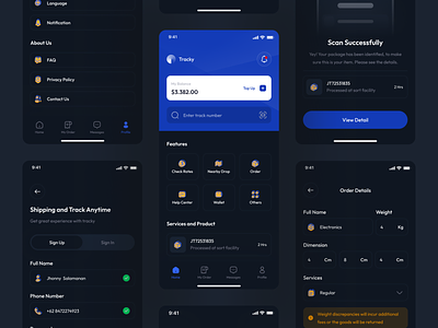 Tracky Darkmode - Shipping Mobile App UI Kits android app clean component darkmode design ios minimalist mobile app product design shipping ui uikit ux