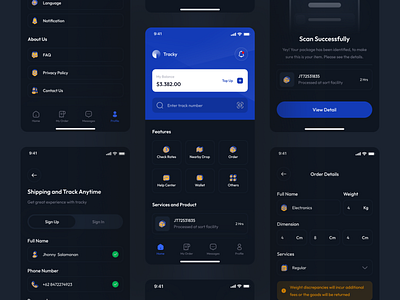 Tracky Darkmode - Shipping Mobile App UI Kits