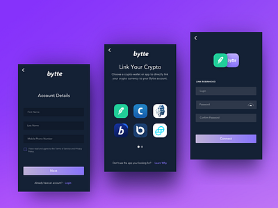 Bytte App AUTH app austin blockchain crypto currency dapps dark finance integration ios login minimal mobile personalization platform purple ui