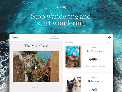 Travelogue app business copywriting design layout list minimal nature platform saas social stories travel ui ux water website