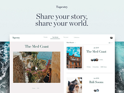 Tapestry app animation design landing design listview minimal platform product travel typography