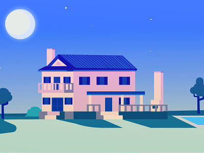 Welcome Home architecture austin building custom flat home house illustration isometric moon night pool scene