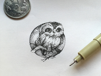 Owl art black dot owl pen round small