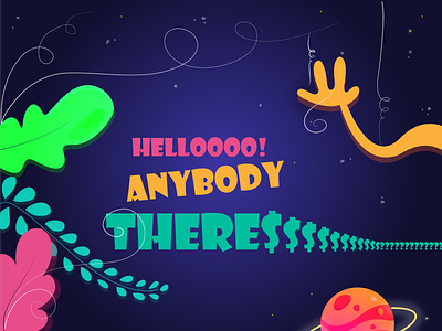 Hellooo! Anybody there?? branding design graphic design hand hello illustration jungle leaves neon night night sky planet plants typeface typography vector