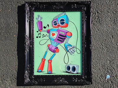 Retro Radio Robot Complete fine art fun art illustration music radio reverse glass painting robot timothy brennan