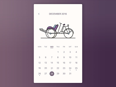 Pedicab Calendar- Daily UI #003 calendar dailyui december illustration purple tricycle ui userinterface xexichlo