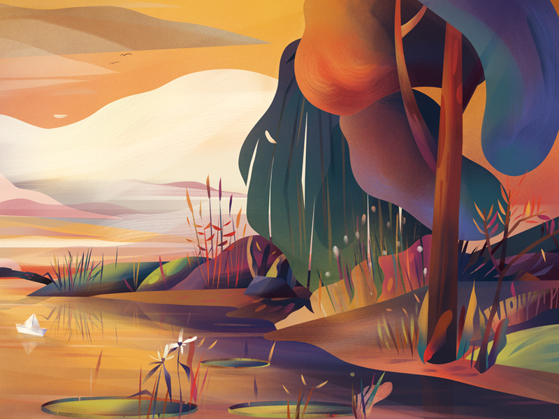 Pumpkin Spice background design water lilies lake clouds trees background autumn golden hour afternoon landscape