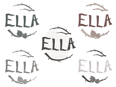Ella branch branding hand drawn lettering logo nature pine cone texture woods