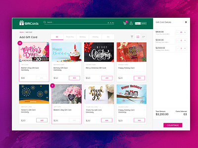 Dribbble dashboard design gift card listing page ui