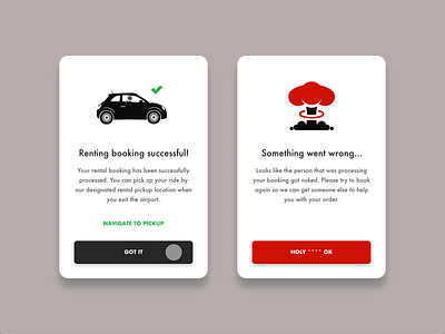 Booking successful vs fail pop up daily ui dailyui design error message flash message rental app rental booking successful message ui